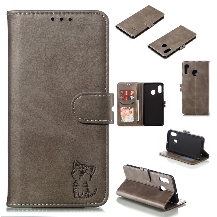 Imprinted Cat Pattern Leather Wallet Cover for Samsung Galaxy A20 / A30 - Grey-1