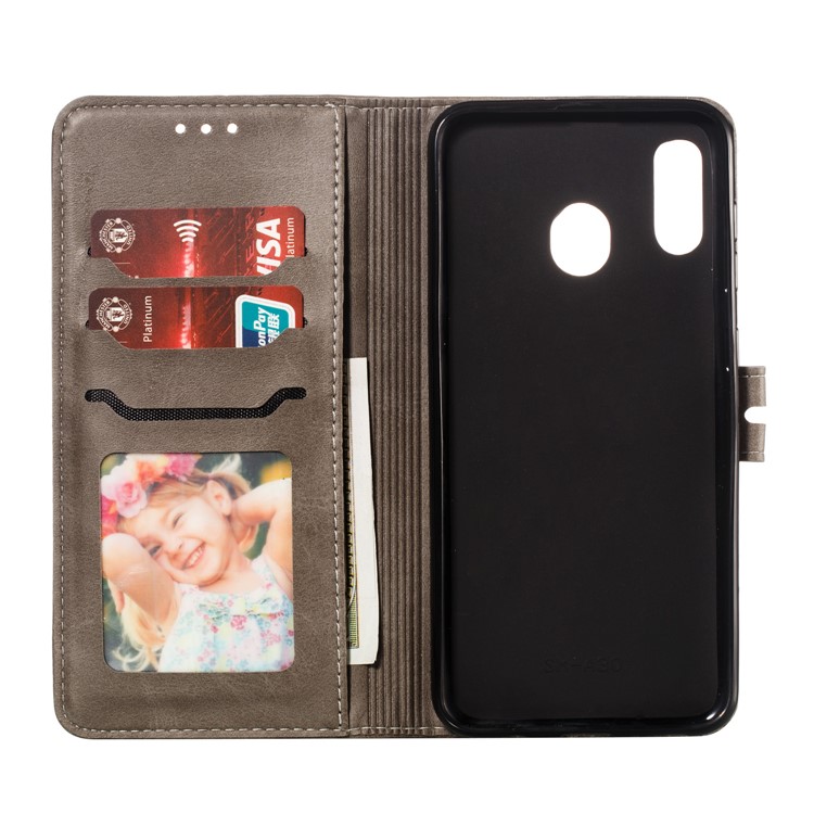 Imprinted Cat Pattern Leather Wallet Cover for Samsung Galaxy A20 / A30 - Grey-4