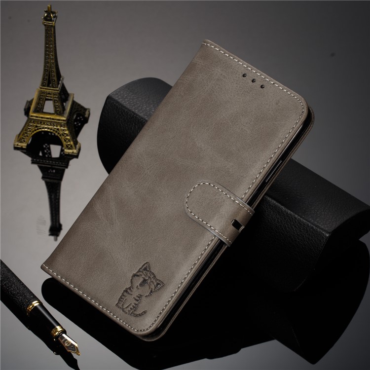 Imprinted Cat Pattern Leather Wallet Cover for Samsung Galaxy A20 / A30 - Grey-9