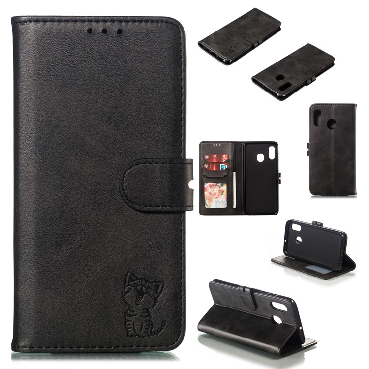 Imprinted Cat Pattern Leather Wallet Cover for Samsung Galaxy A20 / A30 - Black-1