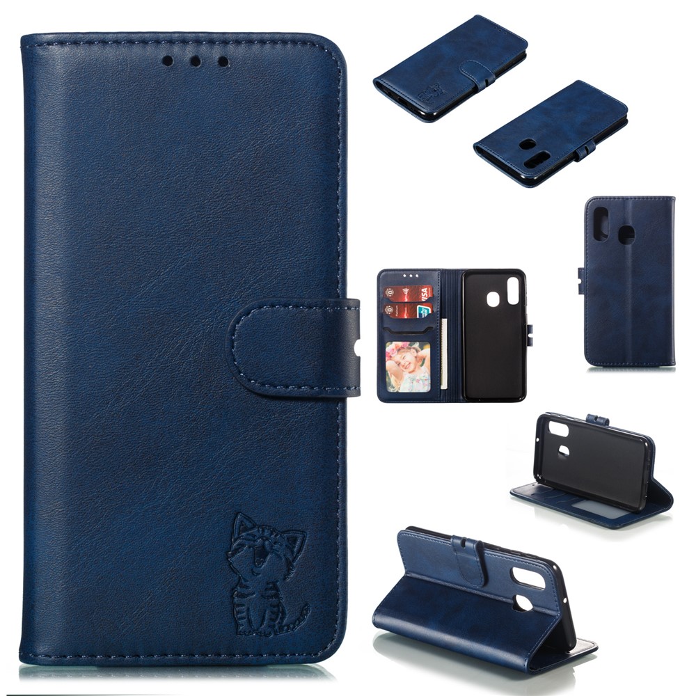 For Samsung Galaxy A40 Imprinted Cat Pattern Leather Wallet Cover Phone Case - Blue-1
