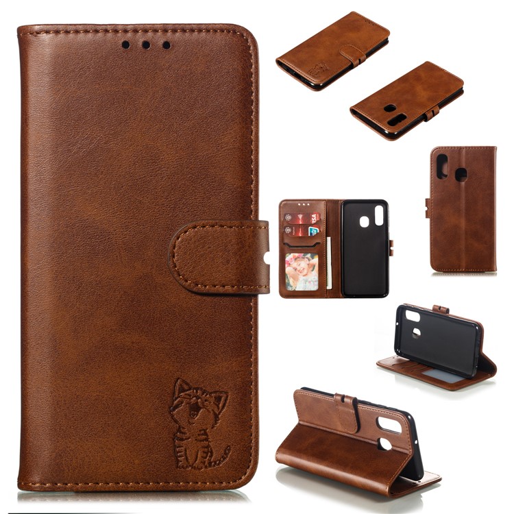 For Samsung Galaxy A40 Imprinted Cat Pattern Leather Wallet Cover Phone Case - Coffee-1