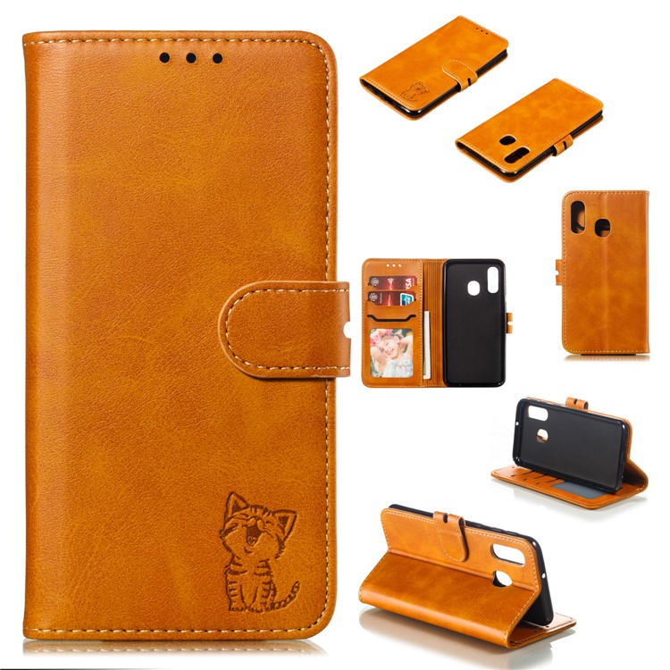 Pour Samsung Galaxy A40 Imprimé Cas De Chat En Cuir Modèle Portefeuille Housse De Téléphone - Marron-1