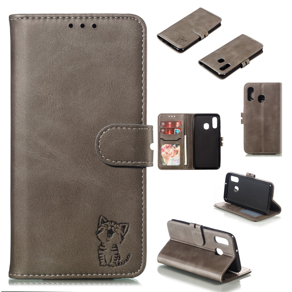 For Samsung Galaxy A40 Imprinted Cat Pattern Leather Wallet Cover Phone Case - Grey-1