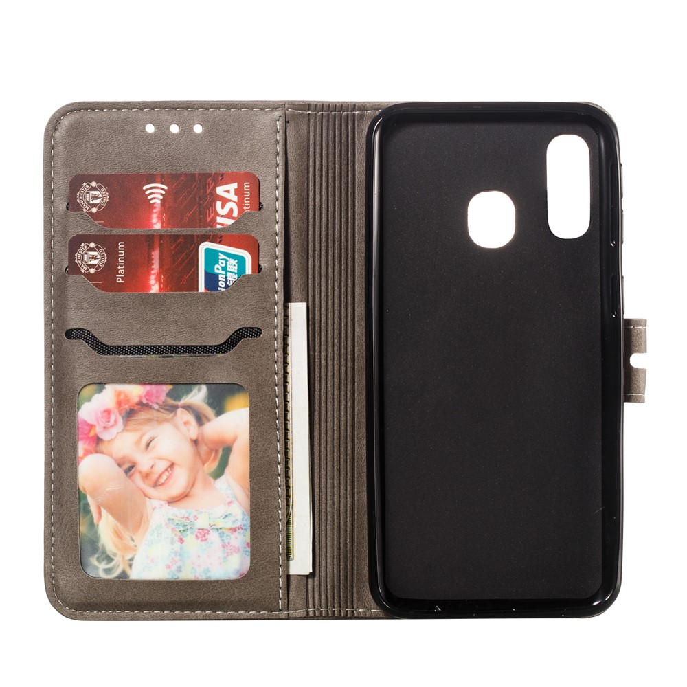 For Samsung Galaxy A40 Imprinted Cat Pattern Leather Wallet Cover Phone Case - Grey-4