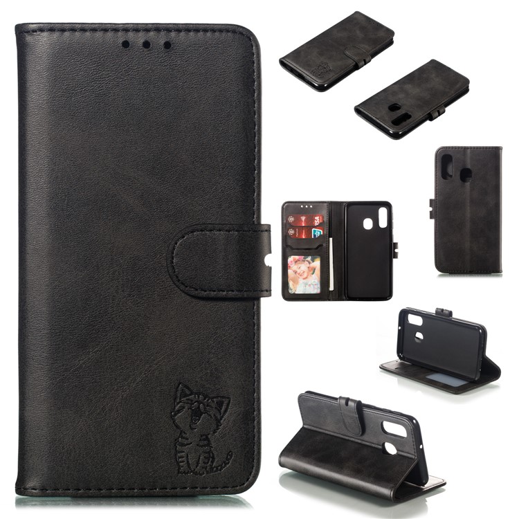 For Samsung Galaxy A40 Imprinted Cat Pattern Leather Wallet Cover Phone Case - Black-1