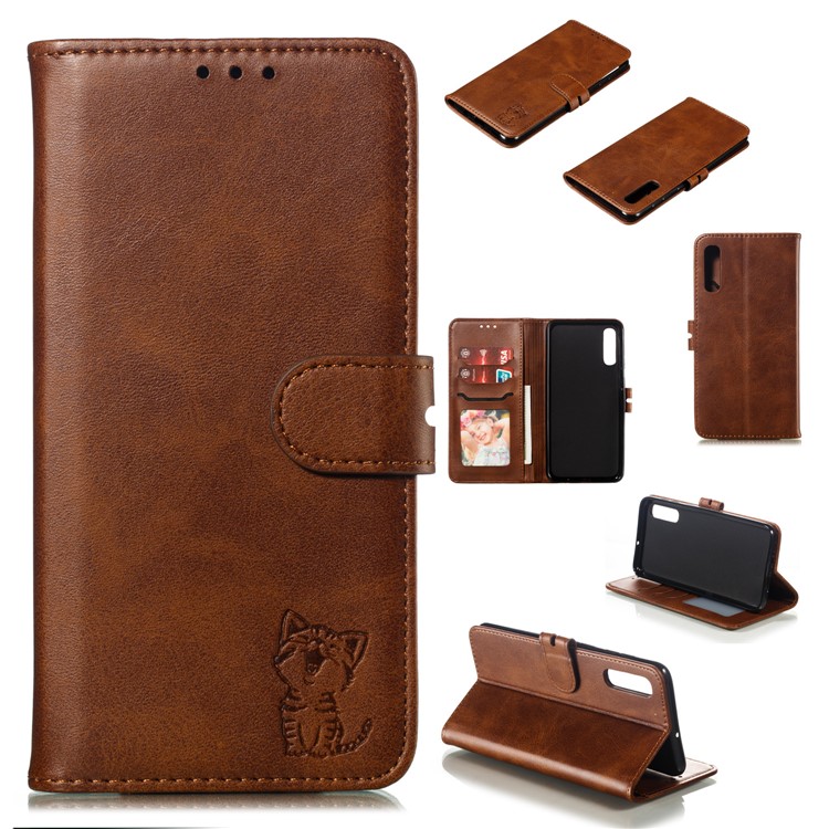 For Samsung Galaxy A50 Imprinted Cat Pattern Leather Wallet Case Cover - Coffee-1