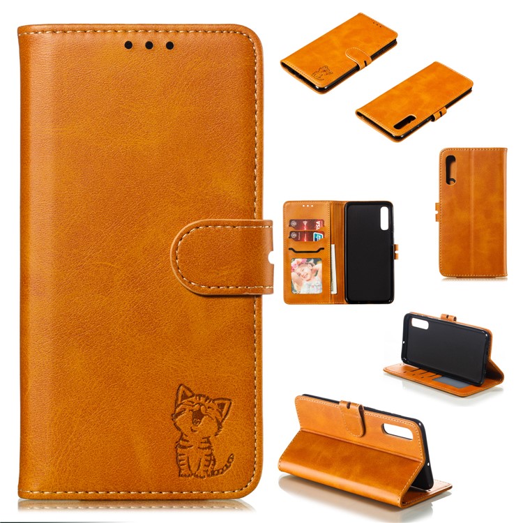For Samsung Galaxy A50 Imprinted Cat Pattern Leather Wallet Case Cover - Brown-1