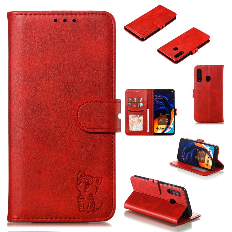 Imprinted Cat Pattern Leather Wallet Phone Cover for Samsung Galaxy A60 - Red-1