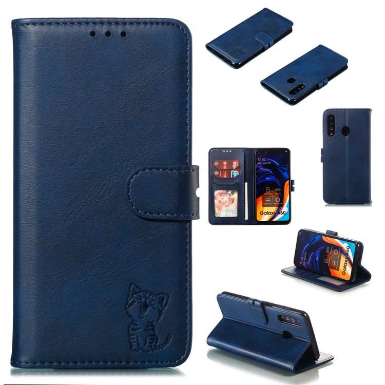 copertura Del Telefono In Pelle Con Motivo Gatto Stampato Per Samsung Galaxy A60 - Blu-1