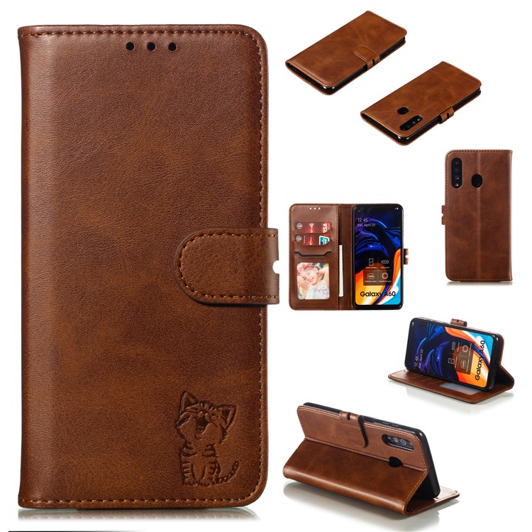 Imprinted Cat Pattern Leather Wallet Phone Cover for Samsung Galaxy A60 - Coffee-1