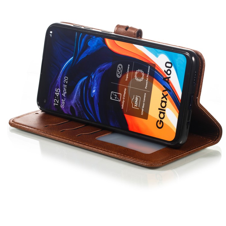 Imprinted Cat Pattern Leather Wallet Phone Cover for Samsung Galaxy A60 - Coffee-6
