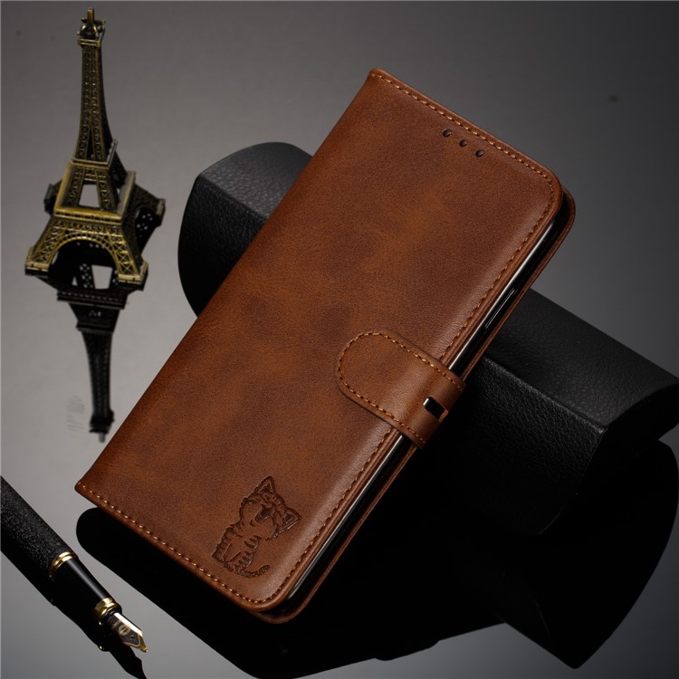 Imprinted Cat Pattern Leather Wallet Phone Cover for Samsung Galaxy A60 - Coffee-9