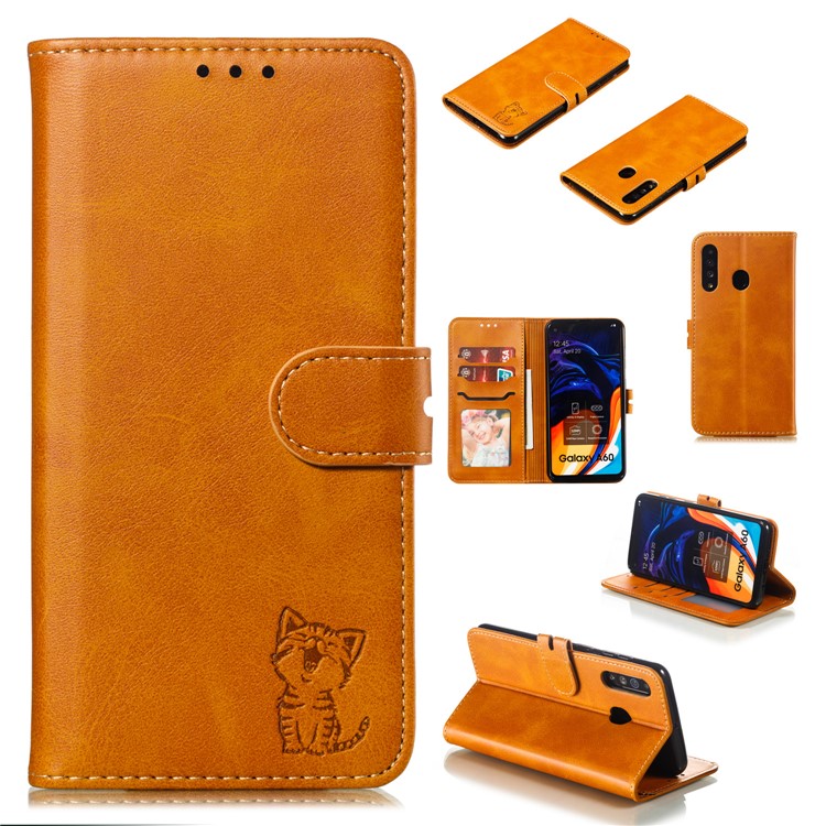 Imprinted Cat Pattern Leather Wallet Phone Cover for Samsung Galaxy A60 - Brown-1