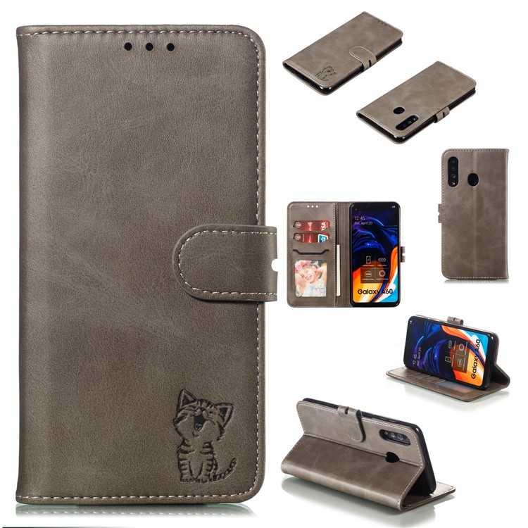 Imprinted Cat Pattern Leather Wallet Phone Cover for Samsung Galaxy A60 - Grey-1