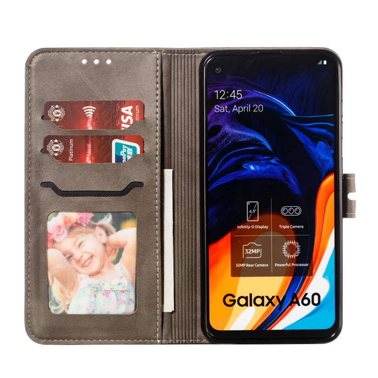 Imprinted Cat Pattern Leather Wallet Phone Cover for Samsung Galaxy A60 - Grey-4