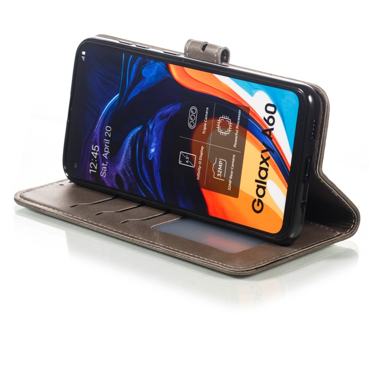 Imprinted Cat Pattern Leather Wallet Phone Cover for Samsung Galaxy A60 - Grey-6