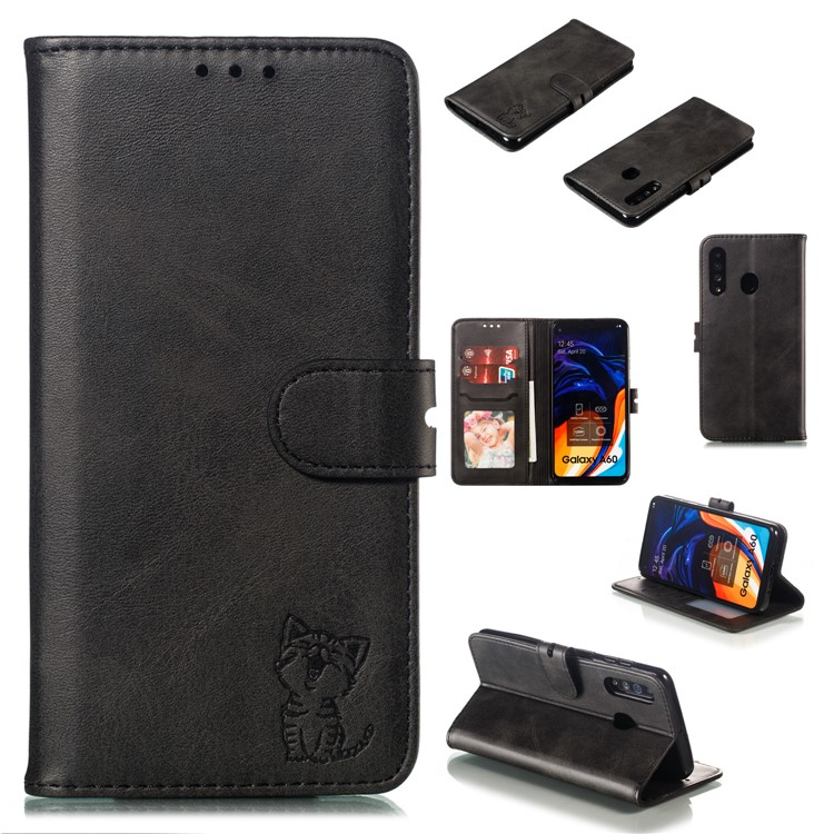 Imprinted Cat Pattern Leather Wallet Phone Cover for Samsung Galaxy A60 - Black-1