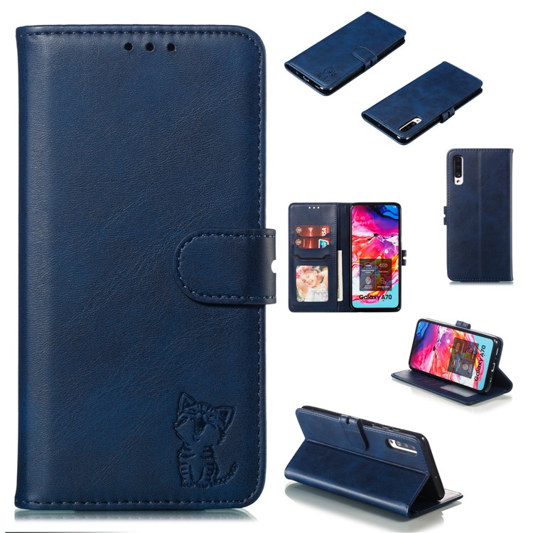Imprinted Cat Pattern Leather Wallet Phone Case for Samsung Galaxy A70 - Blue-1