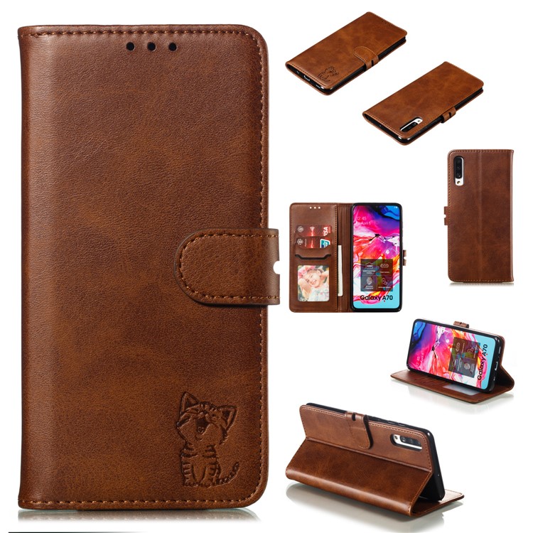 Imprinted Cat Pattern Leather Wallet Phone Case for Samsung Galaxy A70 - Coffee-1