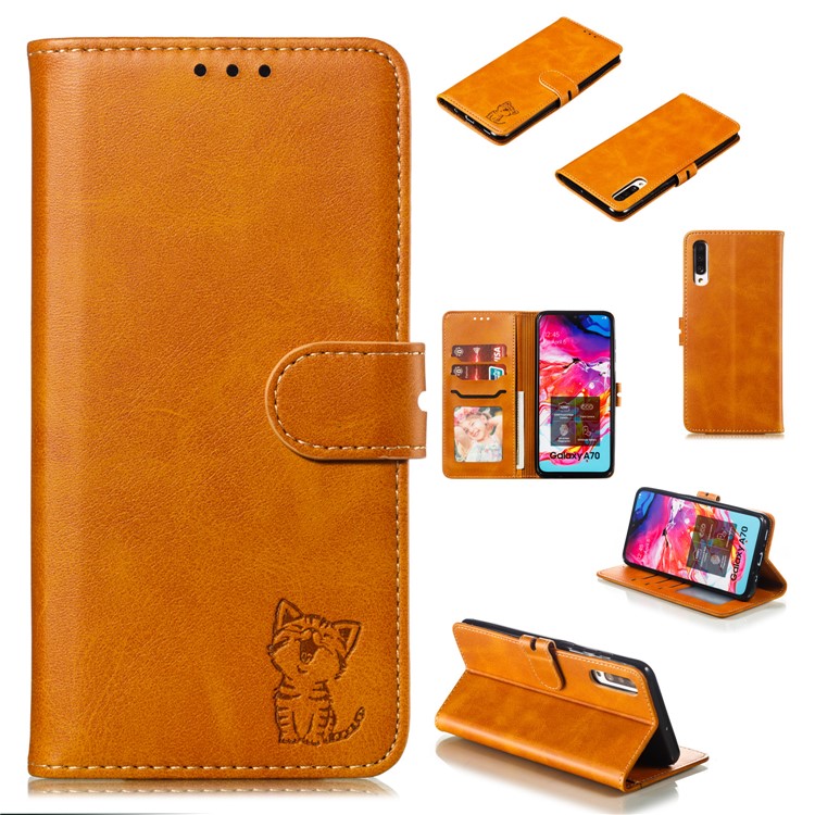 Imprinted Cat Pattern Leather Wallet Phone Case for Samsung Galaxy A70 - Brown