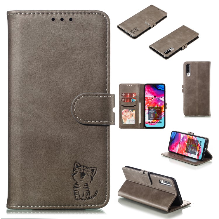 Imprinted Cat Pattern Leather Wallet Phone Case for Samsung Galaxy A70 - Grey-1