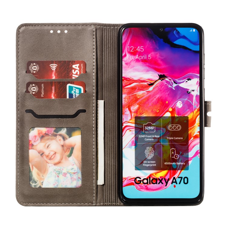 Imprinted Cat Pattern Leather Wallet Phone Case for Samsung Galaxy A70 - Grey-4