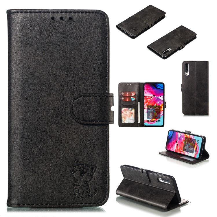 Estampado Gato Padrão Carteira De Couro Telefone Case Para Samsung Galaxy A70 - Preto-1