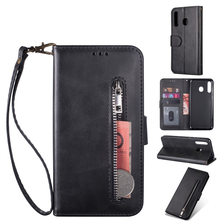 Zipper Wallet Flip Leather Phone Cover with Strap for Samsung Galaxy A40 - Black-1