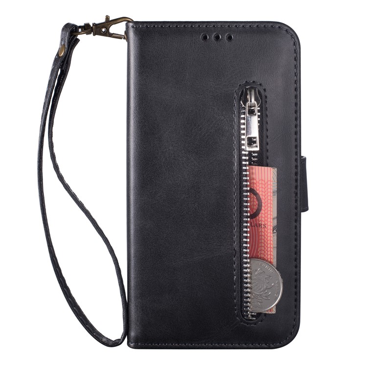 Portefeuille En Cuir Avec Fermeture À Glissière Pour Téléphone Portable Avec Dragonne Pour Samsung Galaxy A40 - Noir-2