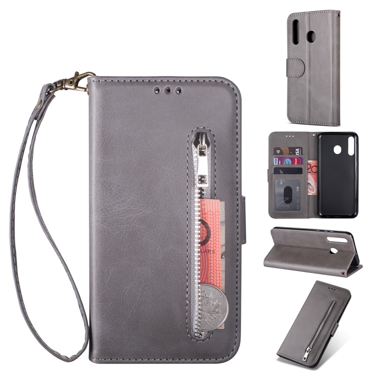 Zipper Wallet Flip Leather Phone Cover with Strap for Samsung Galaxy A40 - Grey-1