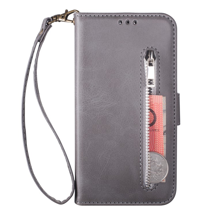 Zipper Wallet Flip Leather Phone Cover with Strap for Samsung Galaxy A40 - Grey-2