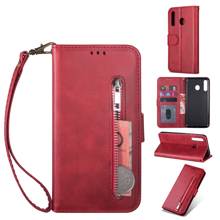 Zipper Wallet Flip Leather Phone Cover with Strap for Samsung Galaxy A40 - Red-1