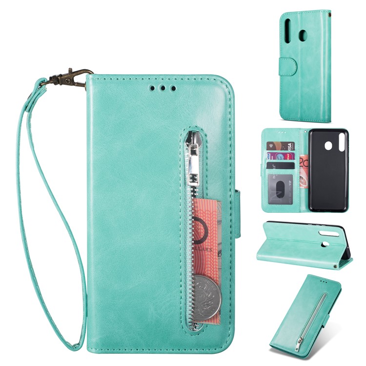 Zipper Wallet Flip Leather Phone Cover with Strap for Samsung Galaxy A40 - Green-1