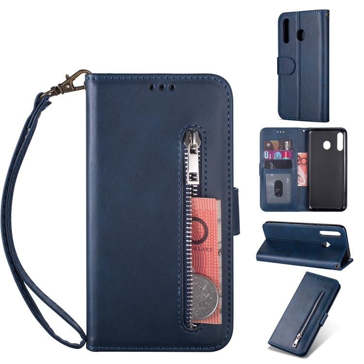 Zipper Wallet Flip Leather Phone Cover with Strap for Samsung Galaxy A40 - Dark Blue-1
