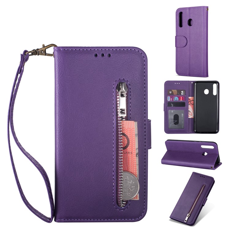 Zipper Wallet Flip Leather Phone Cover with Strap for Samsung Galaxy A40 - Purple-1
