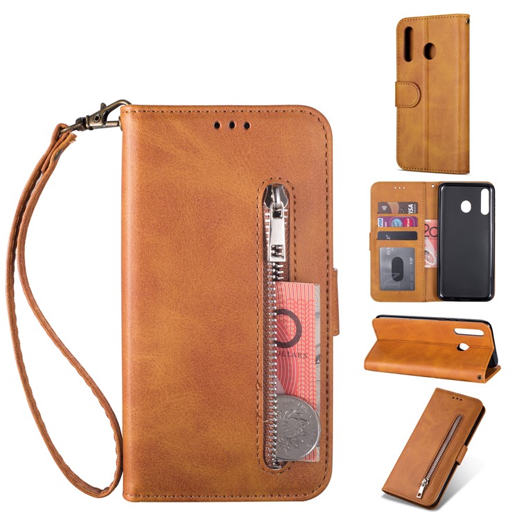 Zipper Wallet Flip Leather Phone Cover with Strap for Samsung Galaxy A40 - Brown-1