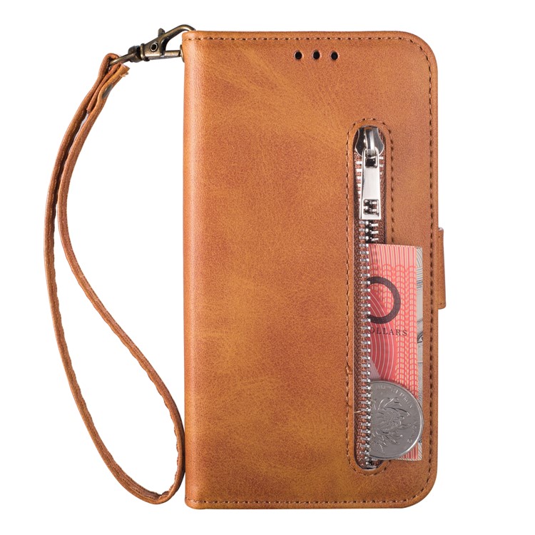 Zipper Wallet Flip Leather Phone Cover with Strap for Samsung Galaxy A40 - Brown-2