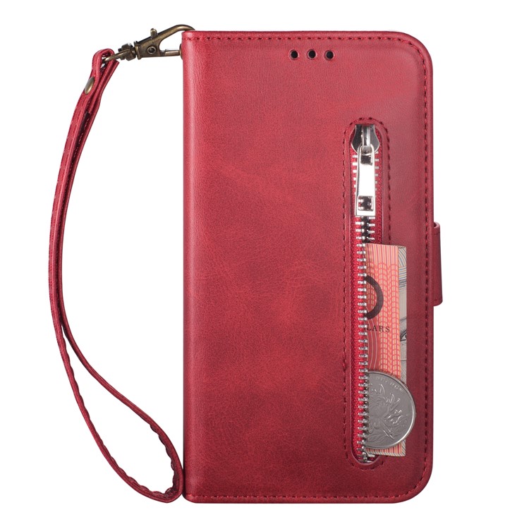 Zipper Wallet Flip Leather Phone Cover with Strap for Samsung Galaxy A20e - Red-2