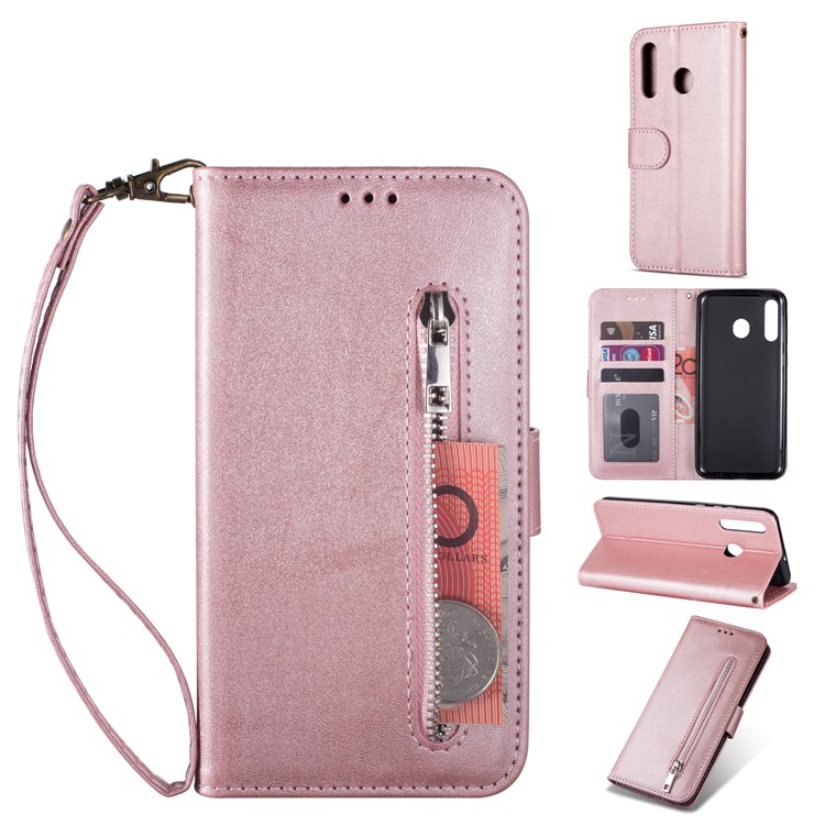Zipper Wallet Flip Leather Phone Cover with Strap for Samsung Galaxy A20e - Rose Gold-1