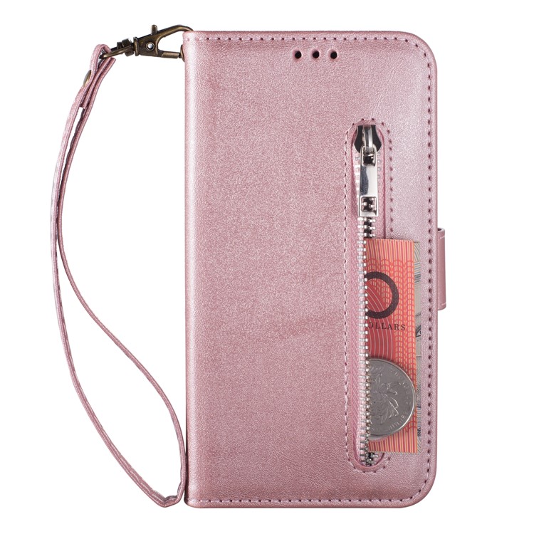 Zipper Wallet Flip Leather Phone Cover with Strap for Samsung Galaxy A20e - Rose Gold-2