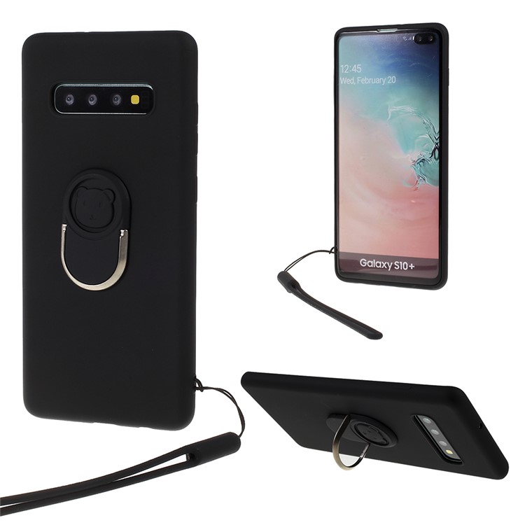 Soft Liquid Silicone Kickstand Phone Shell with Strap for Samsung Galaxy S10 Plus - Black-1