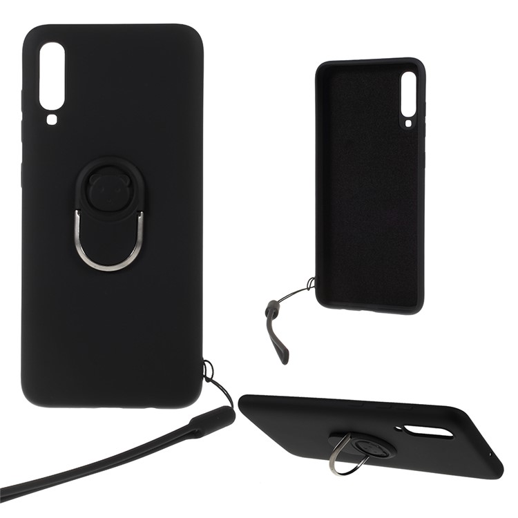 Anti-fringerprint Liquid Silicone Kickstand Cell Phone Cover with Strap for Samsung Galaxy A70 - Black-1