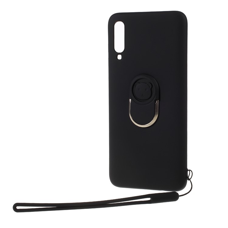 Anti-fringerprint Liquid Silicone Kickstand Cell Phone Cover with Strap for Samsung Galaxy A70 - Black-2