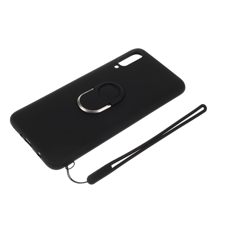 Anti-fringerprint Liquid Silicone Kickstand Cell Phone Cover with Strap for Samsung Galaxy A70 - Black-6