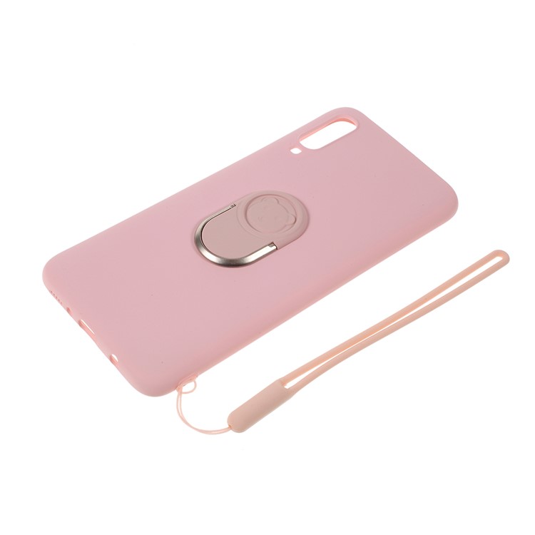 Anti-fringerprint Liquid Silicone Kickstand Cell Phone Cover with Strap for Samsung Galaxy A70 - Pink-3