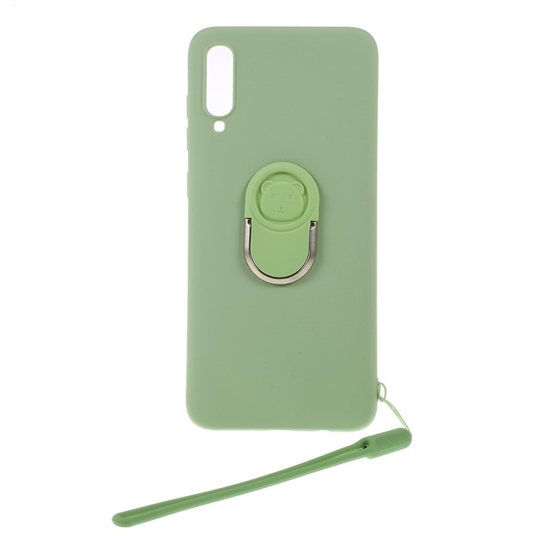 Anti-fringerprint Liquid Silicone Kickstand Cell Phone Cover with Strap for Samsung Galaxy A70 - Green-1