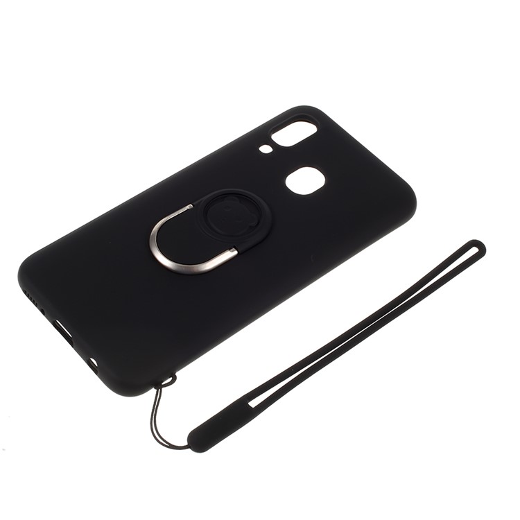 Anti-fringerprint Liquid Silicone Kickstand Phone Casing with Strap for Samsung Galaxy A40 - Black-4