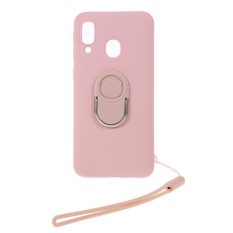 Anti-fringerprint Liquid Silicone Kickstand Phone Casing with Strap for Samsung Galaxy A40 - Pink-1