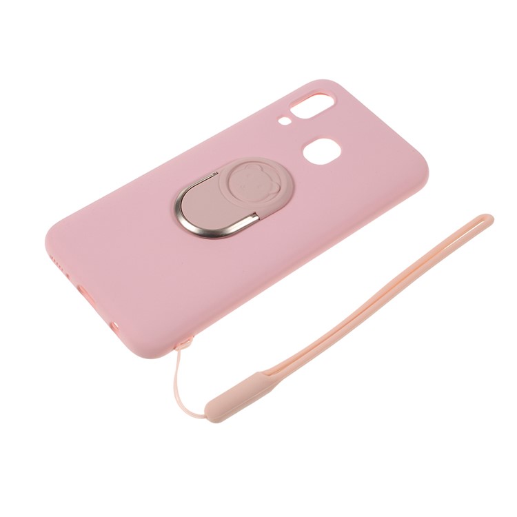Anti-fringerprint Liquid Silicone Kickstand Phone Casing with Strap for Samsung Galaxy A40 - Pink-5